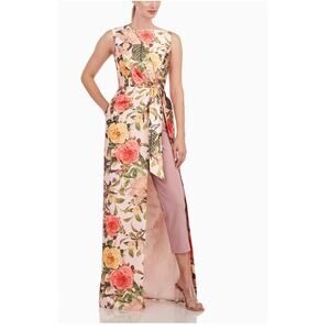 Kay Unger Pink Floral Sleeveless Jumpsuit with Sash